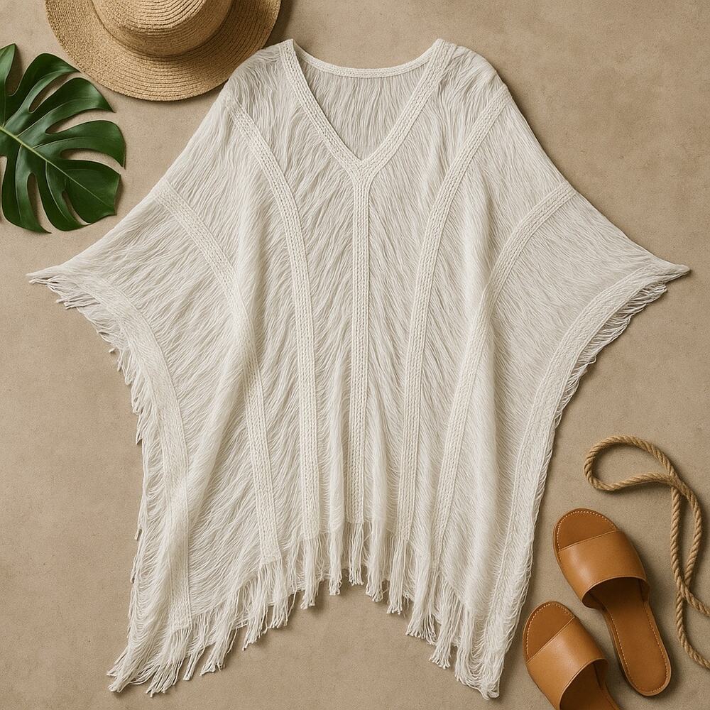 Uptown USA Shredded Cocoon Fringe Long Open Swim Coverup Festival Party Dress OS